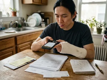 Man with a bandaged hand uses a smartphone while reviewing medical bills and paperwork