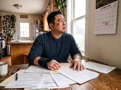 Man with facial injuries and a wrist brace looking at a wall calendar