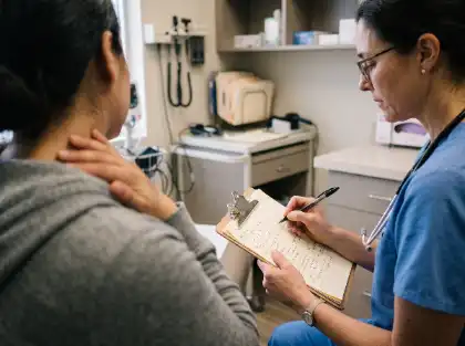 Médico que documenta el dolor de cuello de un paciente durante una exploración médica