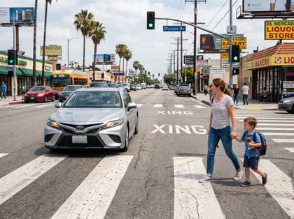 Mother and young child crossing a busy city street at a marked crosswalk as a silver car approaches the pedestrian crossing