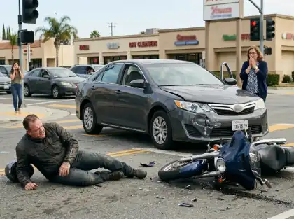 Motorcyclist sitting on the road beside a fallen motorcycle and a damaged sedan
