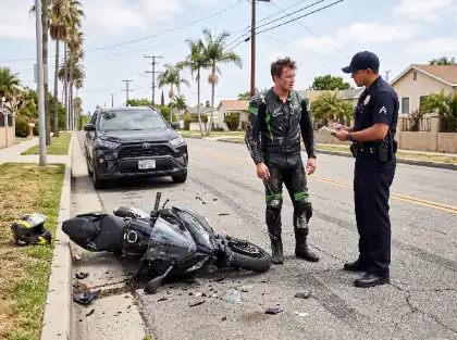 Motorcyclist speaking with a police officer beside a damaged motorcycle and scattered debris on a residential street