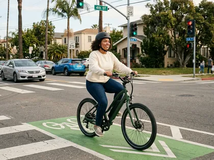 Mujer montando en bicicleta eléctrica por un carril bici protegido en un cruce de una calle residencial en California