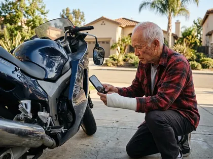 Older man with an arm injury documents motorcycle crash damage for an accident or insurance claim using a smartphone