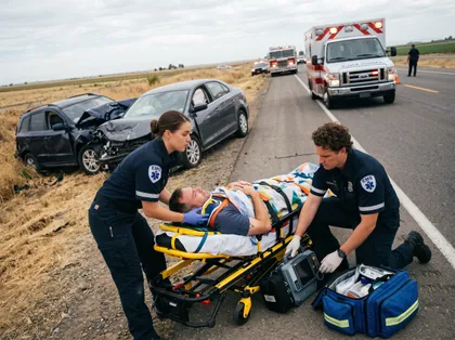 Paramedics treating an injured driver after a car accident