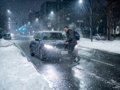 Pedestrian crossing a snowy road at night in winter