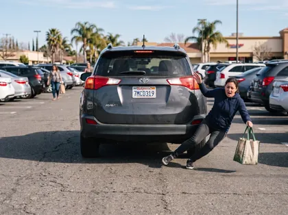 Pedestrian losing balance near a parked SUV while holding groceries in a crowded shopping center parking lot