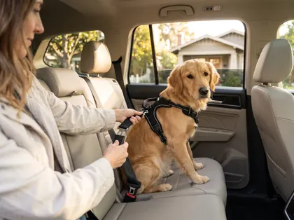 Perro sujeto en un coche con un arnés homologado en pruebas de choque y un cinturón de seguridad