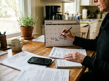 Person marks important accident claim deadlines on a calendar while reviewing medical bills and police report documents