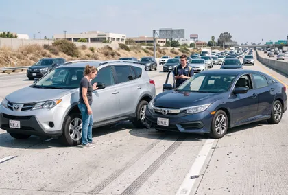 Pruebas de un choque lateral en el lugar de un accidente en una autopista de California