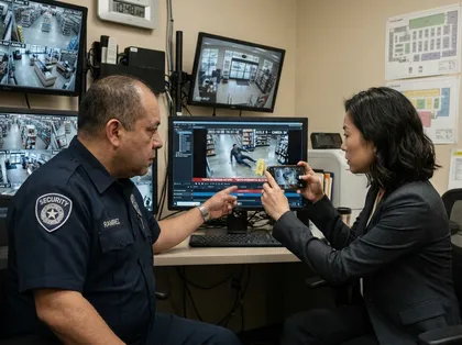 Slip-and-fall victim reviewing surveillance footage with security