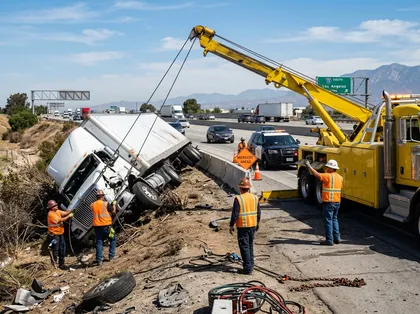 Tow crew recovers a semi-truck after a highway rollover accident