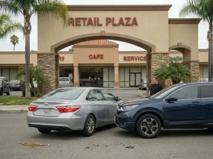 Two cars involved in a collision near a business entrance