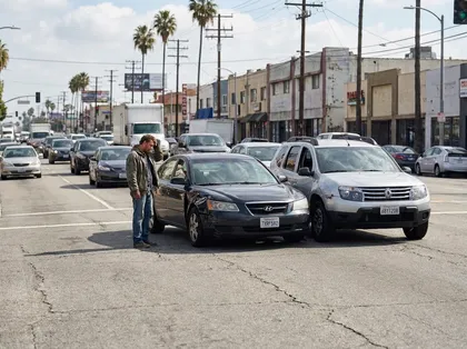 Un accidente entre dos vehículos bloquea una carretera urbana de varios carriles mientras un hombre revisa los daños de un turismo tras la colisión en el condado de Los Ángeles
