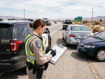 Un agente de la Patrulla de Carreteras de California registra un accidente de tráfico cerca de Victorville