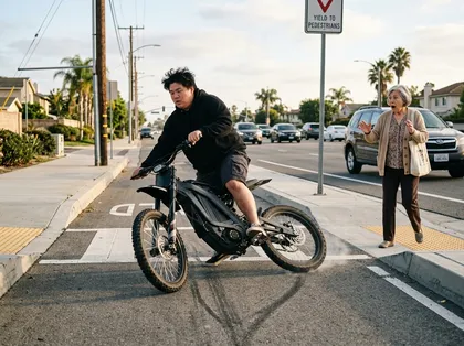 Un ciclista en bicicleta eléctrica derrapa al atravesar un paso de ciclistas mientras un peatón reacciona cerca de una carretera muy transitada en California