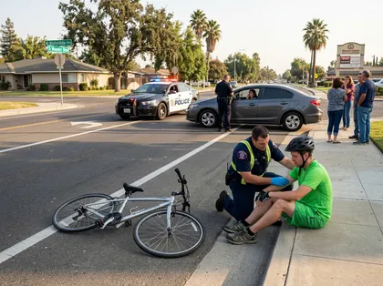 Un ciclista herido recibe asistencia de un socorrista tras un accidente de bicicleta en Fresno