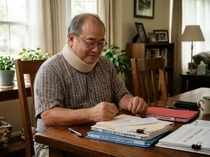 Un demandante lesionado revisa las facturas médicas y los documentos de la reclamación al seguro