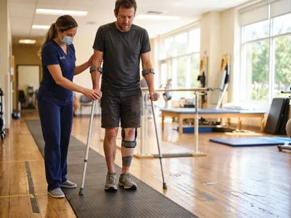 Un fisioterapeuta ayuda a un hombre que va con muletas y lleva una rodillera durante la rehabilitación