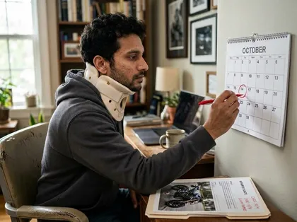 Un hombre que se está recuperando de una lesión en el cuello usa un marcador rojo para marcar con un círculo una fecha en un calendario de pared que está al lado de unos papeles