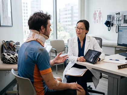 Un médico revisa una radiografía de columna con un paciente que lleva un collarín cervical durante una consulta médica