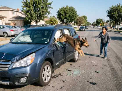 Un perro sale de un coche accidentado tras un accidente de carro, mientras su dueño, preocupado, se acerca