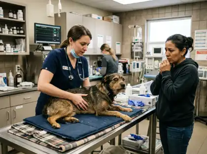 Un veterinario examina a un perro herido mientras su dueño, preocupado, observa en una clínica veterinaria