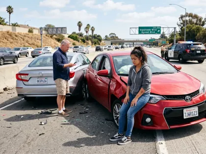 Una mujer herida se sienta sobre un carro rojo dañado tras un choque en la autopista, mientras otro conductor revisa la documentación