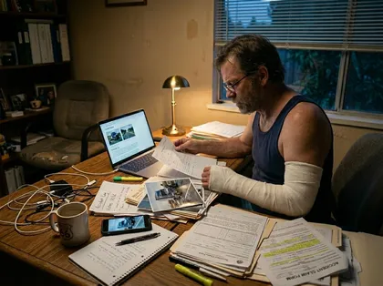 Una víctima de un accidente organiza la documentación de la reclamación al seguro y las fotografías