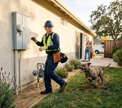 Utility worker chased by an aggressive dog in a residential backyard