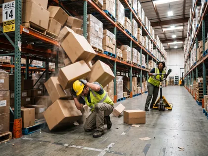 Warehouse worker ducks for cover as heavy cardboard boxes fall from industrial storage racks