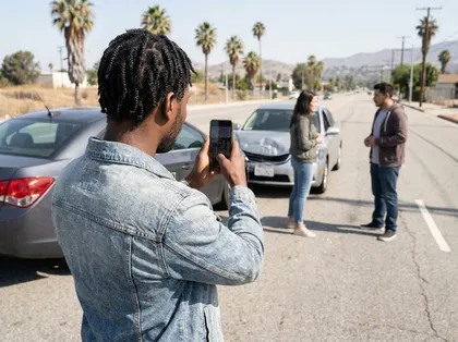 Witness photographs drivers and vehicle damage after a California car accident