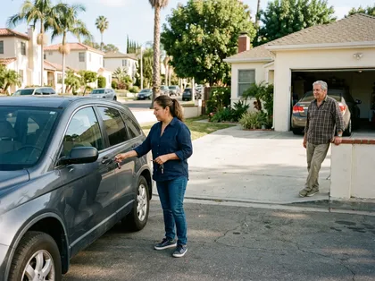 Woman preparing to enter a gray SUV parked outside a suburban home