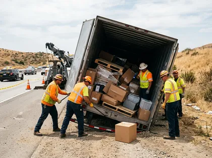 Workers inspect cargo after a semi-truck rollover accident