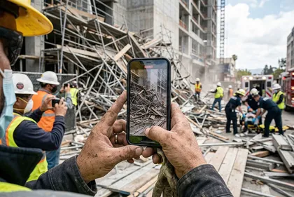 trabajador que documenta las pruebas de un accidente en un andamio antes de la limpieza
