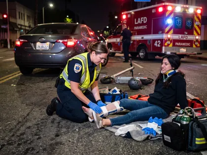 A paramedic treating an injured e-scooter rider after a crash