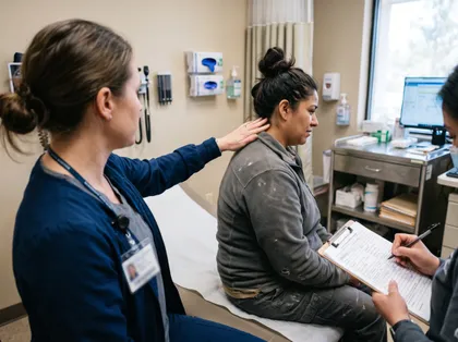 A physician examining an employee's neck