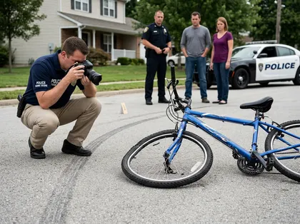 A police documenting evidence after an Escondido bicycle hit-and-run accident