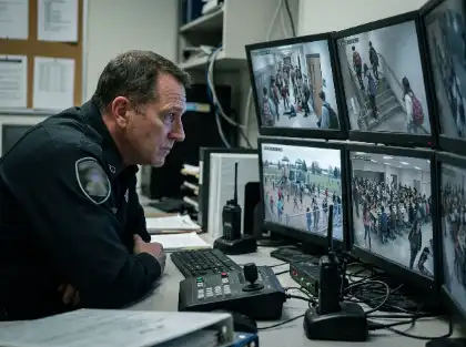 Agente de seguridad escolar que supervisa las cámaras de vigilancia CCTV