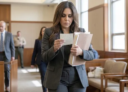 Attorney reviewing a note while carrying a stack of case files in a courthouse hallway, ready to take over an injury claim already in progress
