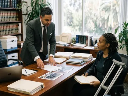 Attorney reviewing an insurance claim with an injured client after a car accident