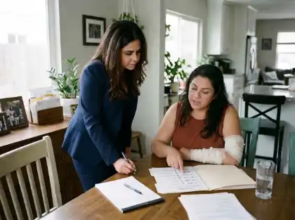 Attorney reviewing documents with an injured client at home