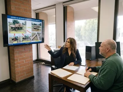 Attorney reviewing hayride accident evidence with a client to discuss liability waivers and injury claims in California