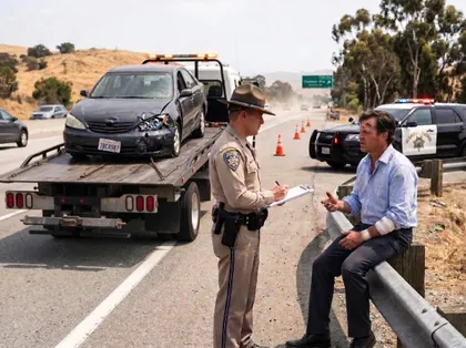 California highway patrol officer interviewing an injured driver after a commuting car accident