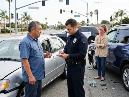 Car accident investigation showing a police officer taking a driver's statement