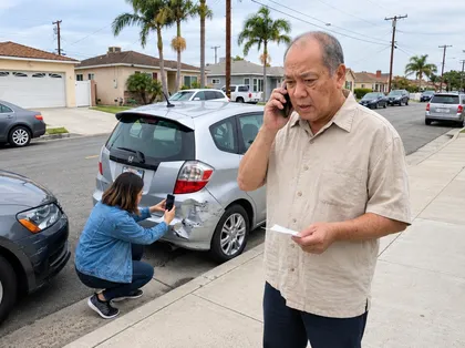 Car accident scene showing an older man calling his insurance company while a woman photographs damage
