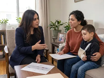 Child pedestrian accident legal consultation showing a mother reviewing liability documents with an attorney