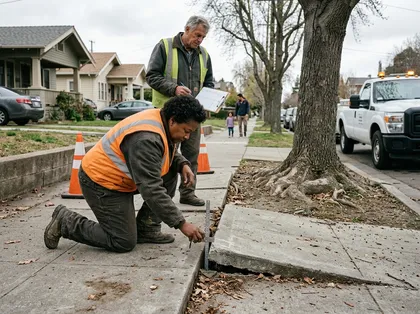 City workers inspecting a broken public sidewalk in California, highlighting potential trip-and-fall hazards