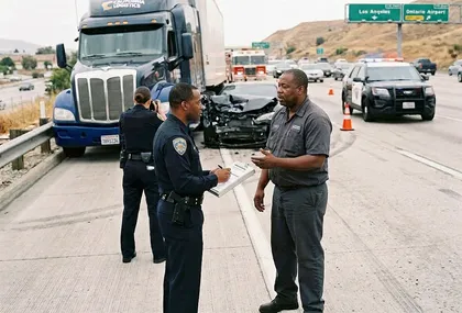 Commercial truck driver documenting evidence after a suspected street racing crash in California