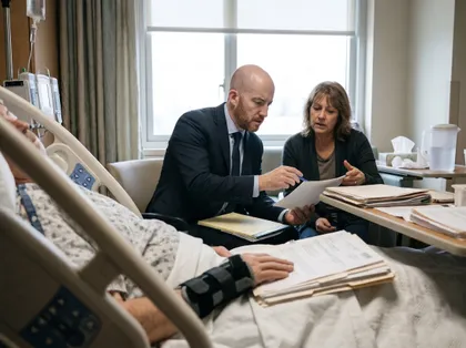 Commercial vehicle accident lawyer reviewing medical records with an injured hospital patient and a concerned family member